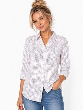 Chaps Button Front Top White W Polka Dots Cotton 3/4 Sleeve Woman's  XL No Iron